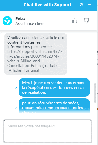 la chat test et avis du logiciel de trésorerie facturation VCITA