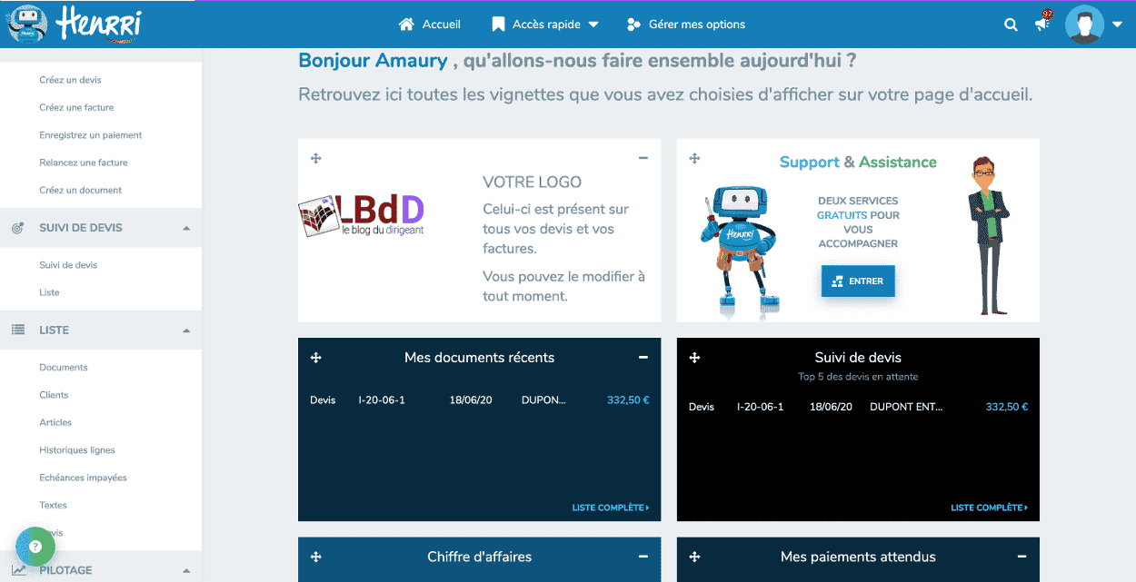 logiciel facturation Henrri, page d'accueil