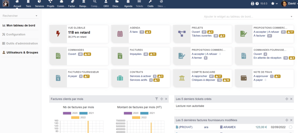 Dashboard logiciel de comptabilité gratuit Dolibarr