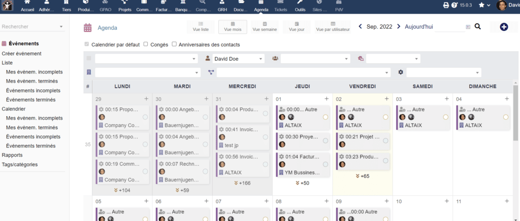 Volet agenda dolibarr