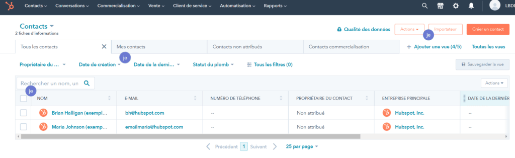 Liste des contacts dans Hubspot sur le blog du dirigeant