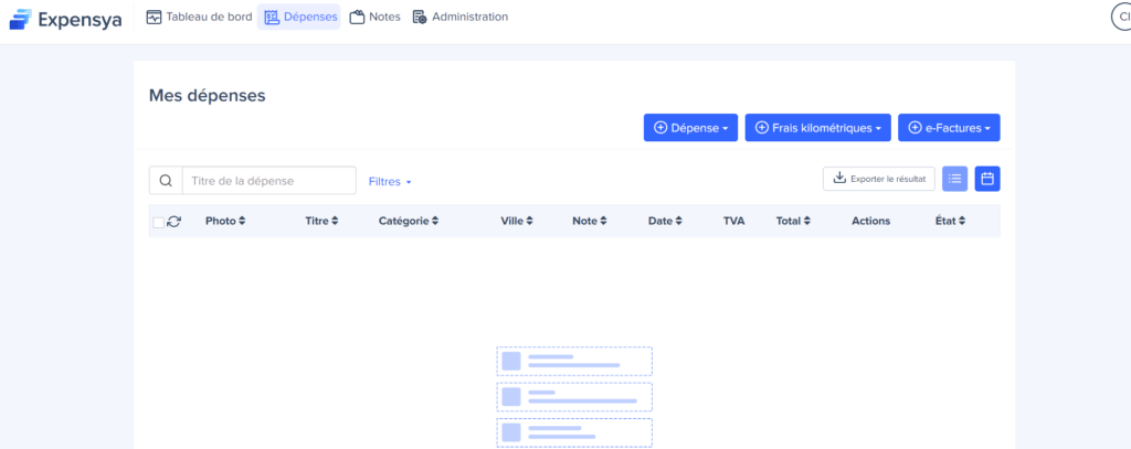 Liste des notes de frais et reporting sur le logiciel Expensya 